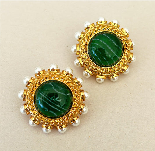 Classic round pierced style earrings with a green faux malachite center stone