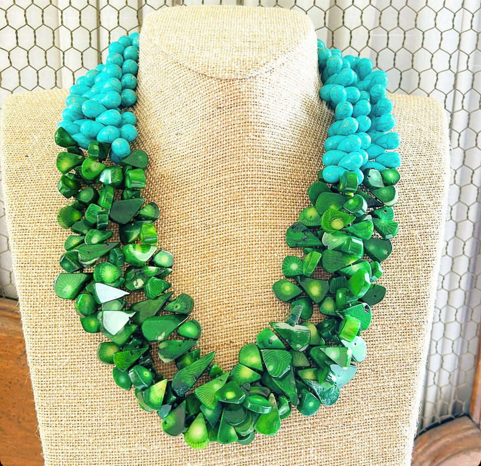 Stunning faux blue turquoise &amp; green turquoise chunky statement necklace.