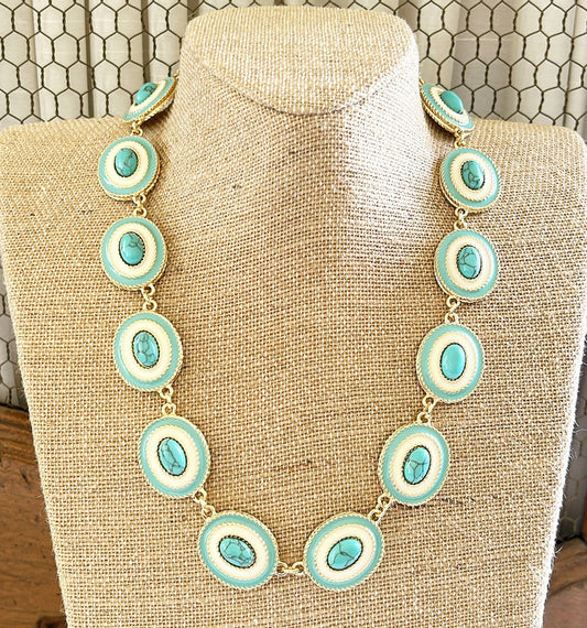 Beautiful turquoise faux stone necklace with creamy white &amp; turquoise enamel accen