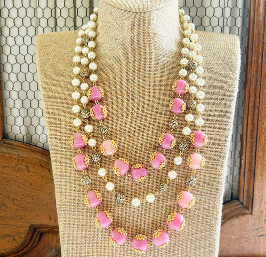 Chunky faux pearl &amp; faux pink stone statement necklace.