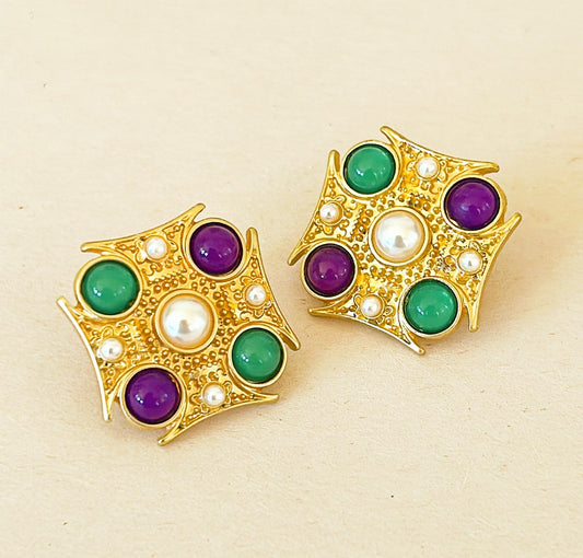 Petit couture shield shaped style designer pierced earrings