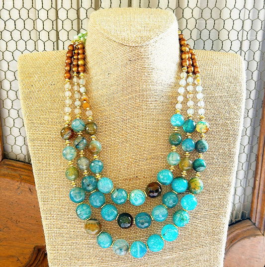 Turquoise colored beaded statement necklace with 3 strains.