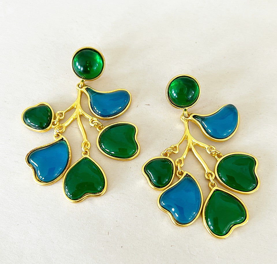 Large statement style earrings in green & blue